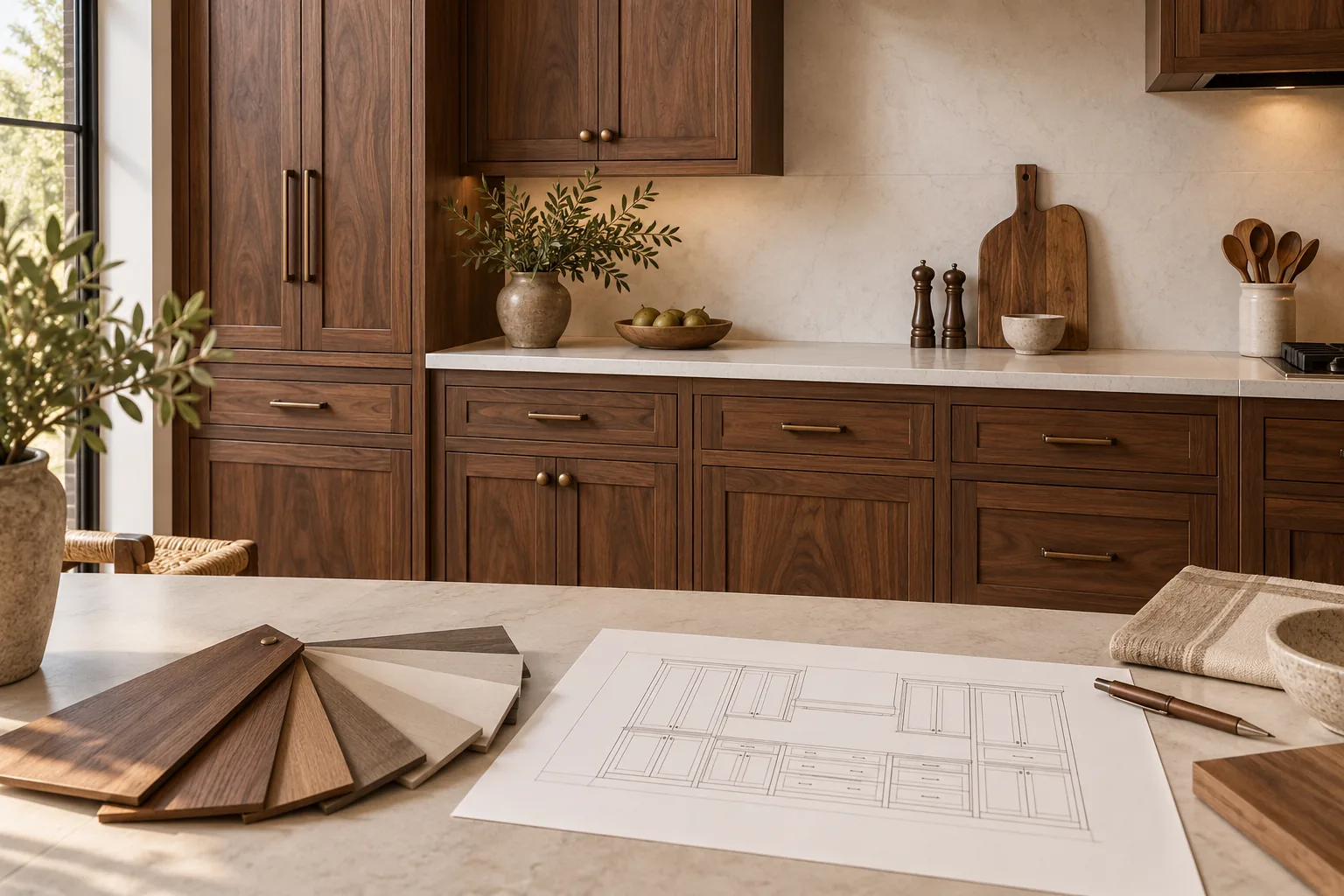 Walnut cabinet doors with bronze hardware and finish samples beside a blank elevation sheet